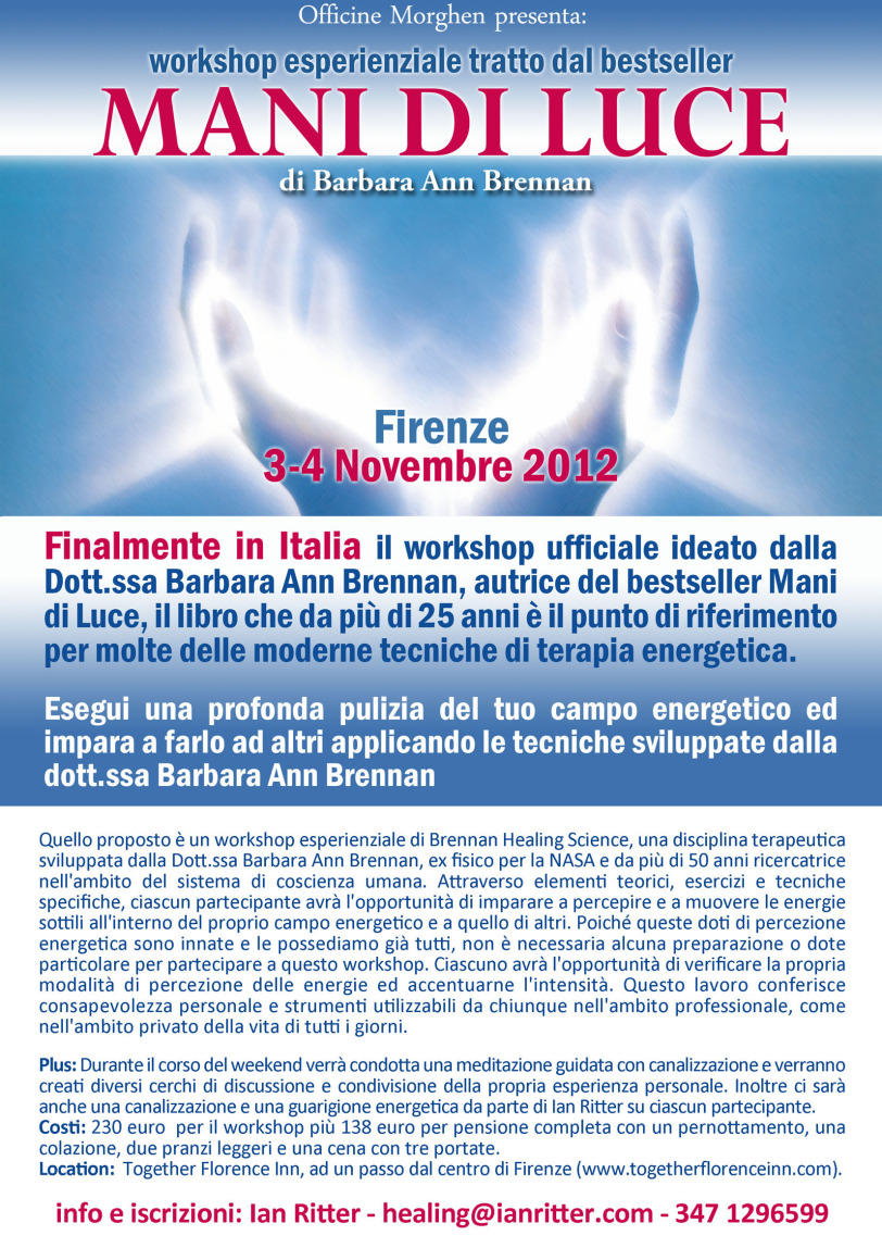 Volantino evento workshop Barbara Brennan Mani di Luce
